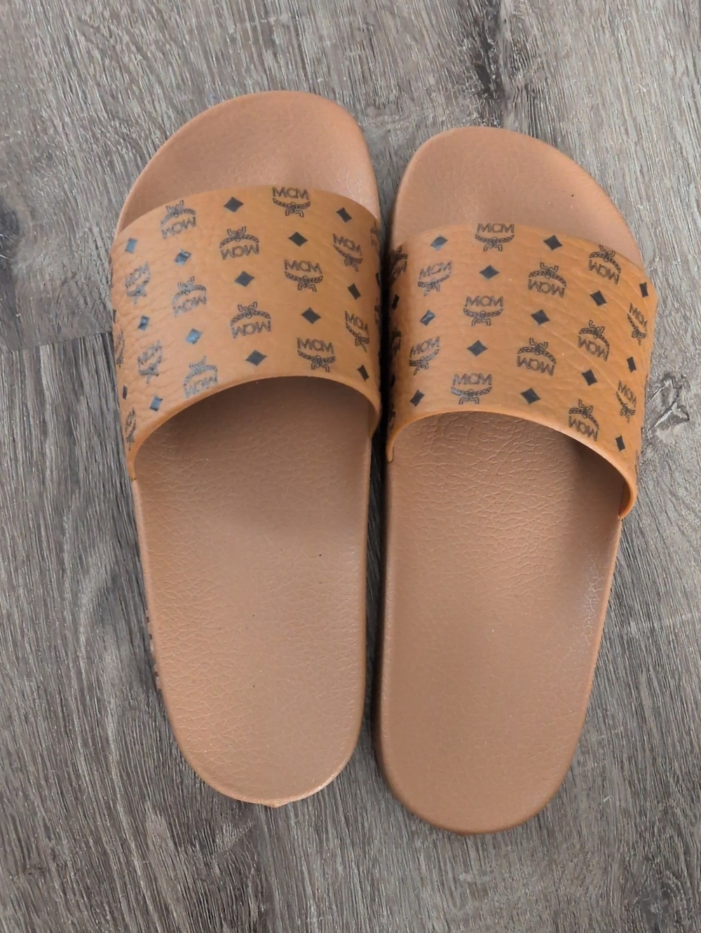 MCM Tan Logo Slide Sandals